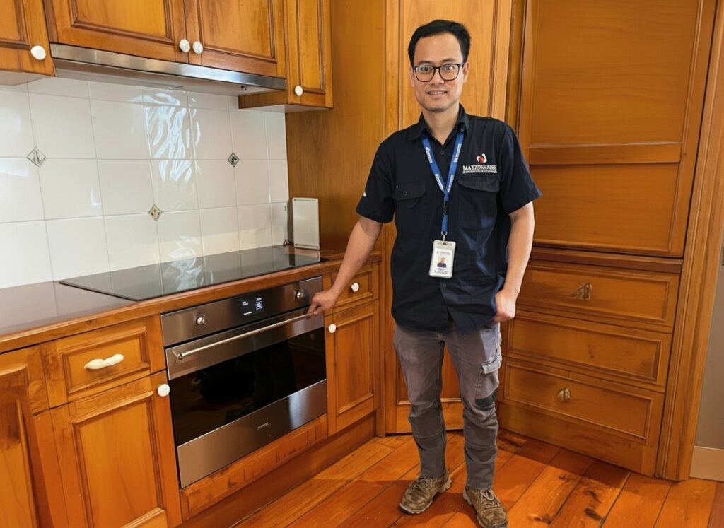 A smiling male appliance technician wearing a dark blue uniform shirt, glasses, and an ID badge stands in a warm wooden kitchen, with his hand resting on the handle of a modern stainless steel built-in oven. An induction cooktop is visible on the countertop, and the kitchen features wooden cabinets and a white tiled backsplash.